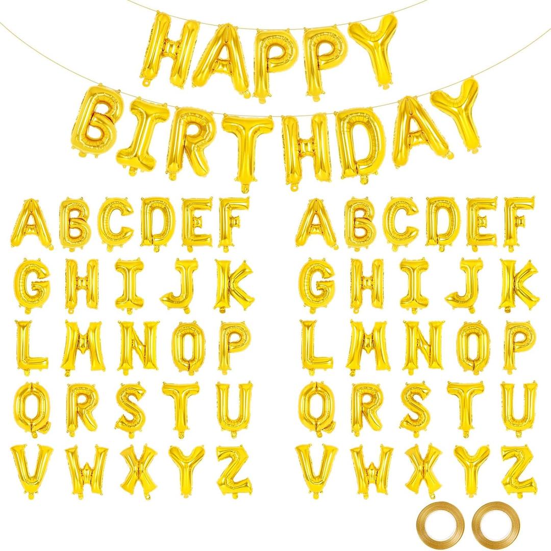 65 Pcs Gold Happy Birthday Balloons and 2 Sets A-Z Letters Foil Balloons, 16 Inch Personalized Name Happy Birthday Banners for Wedding Baby Shower Anniversary Party Decorations (Gold)