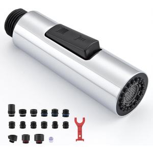 Metal Kitchen Faucet Head Replacement, 2-Mode Pull Down Kitchen Faucet Spray Head with 15 Adapters, High Pressure Sink Sprayer Nozzle Stainless Steel, Chrome