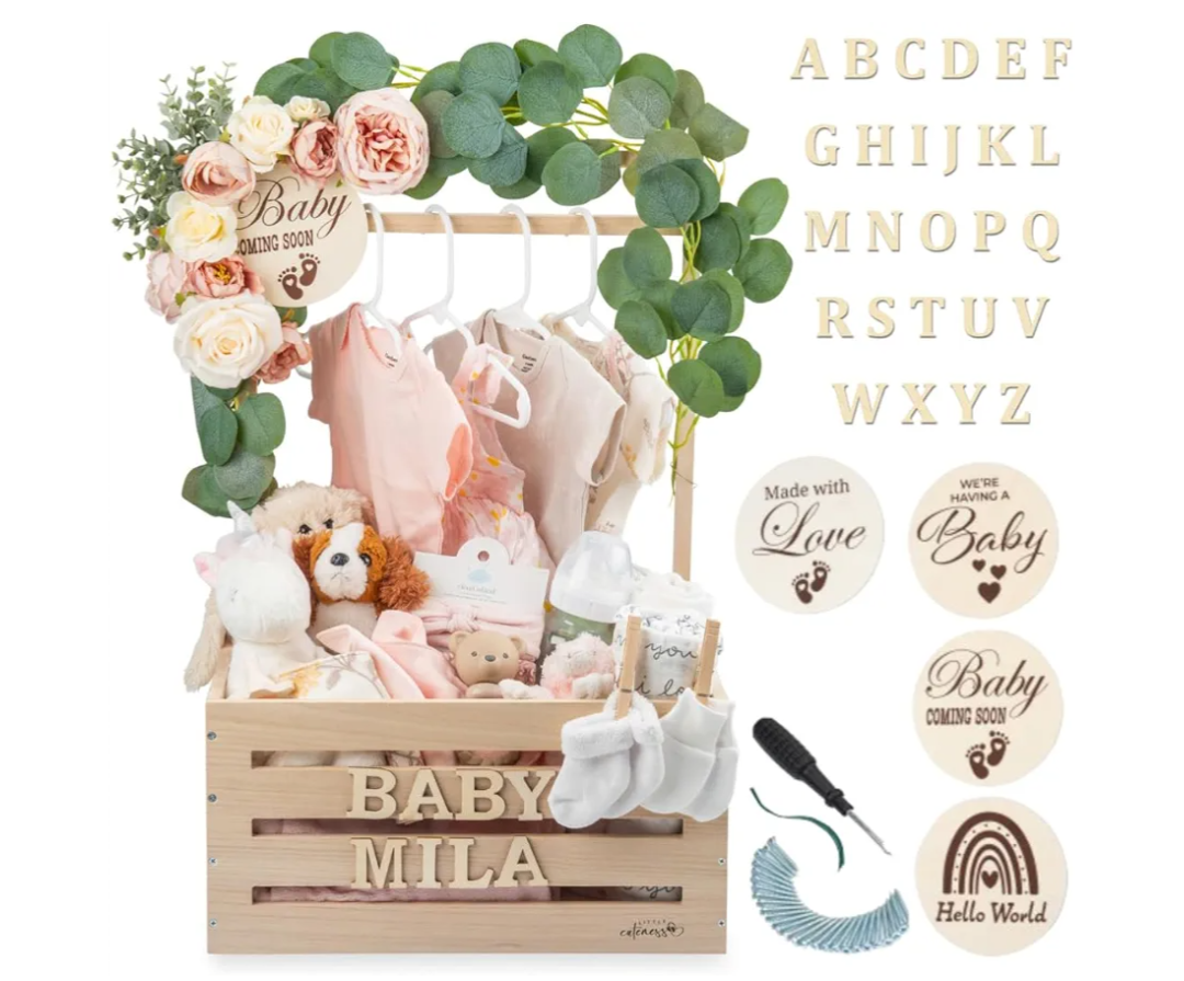 Wooden Baby Shower Crate Closet - Customizable Wooden Crate Box with Dual Rod System, Personalized Baby Shower Basket Alphabet Letters, Easy Assembly Baby Baskets for Baby Shower (Natural Wood)