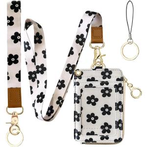 2-in-1 ID Badge Holder & Lanyard Wallet for Womens Cute Black Flower Leather Zip ID Case Wallet with Breakaway Wrist & Neck Lanyard, Clear Window, 5 Card Slots, Ring Keychain for Worker Teacher Nurse (Black Floral)