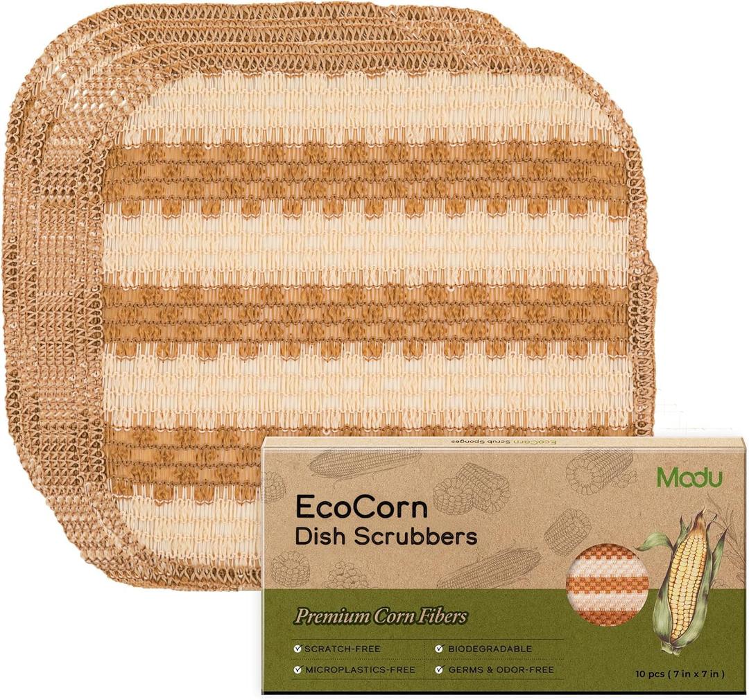 Modu 10 Pcs EcoCorn Dish Sponges Scrubbers  100% Corn Fiber, Biodegradable Dishwashing Scrub Pads for Multipurpose Household Cleaning, Odor-Free, Plastic-Free Kitchen Mesh Net (Heavy Duty 10 Count)