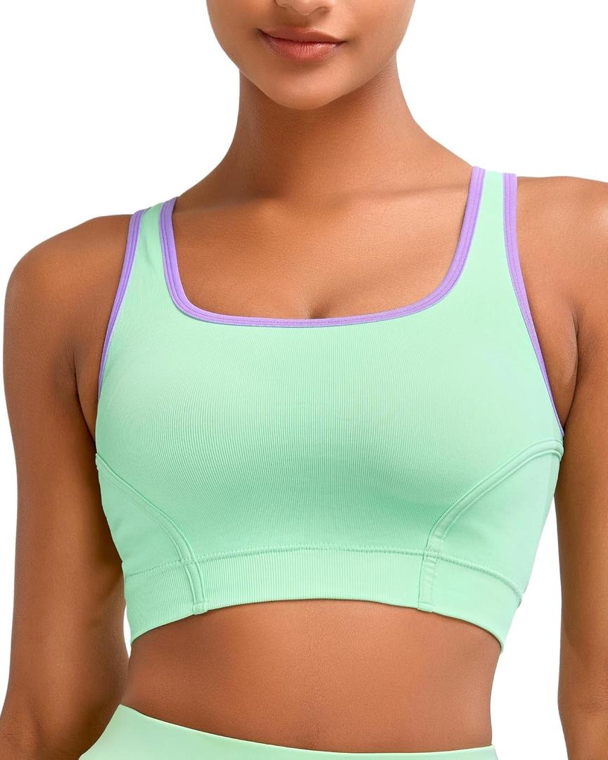 RUNNING GIRL Sports Bras for Women High Support,Seamless Ribbed Longline High Neck Sports Bra Racerback Padded Crop Top Yoga (Green, S)
