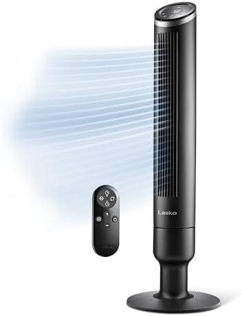 LASKO Apex Tower Fans Oscillating Quiet 42" - 29 ft/s Airflow, 28 dB, 90° Oscillation, 12H Timer, Air Filter for Hair & Dust, Remote, Black, Floor Fans for Home Bedroom, RST200