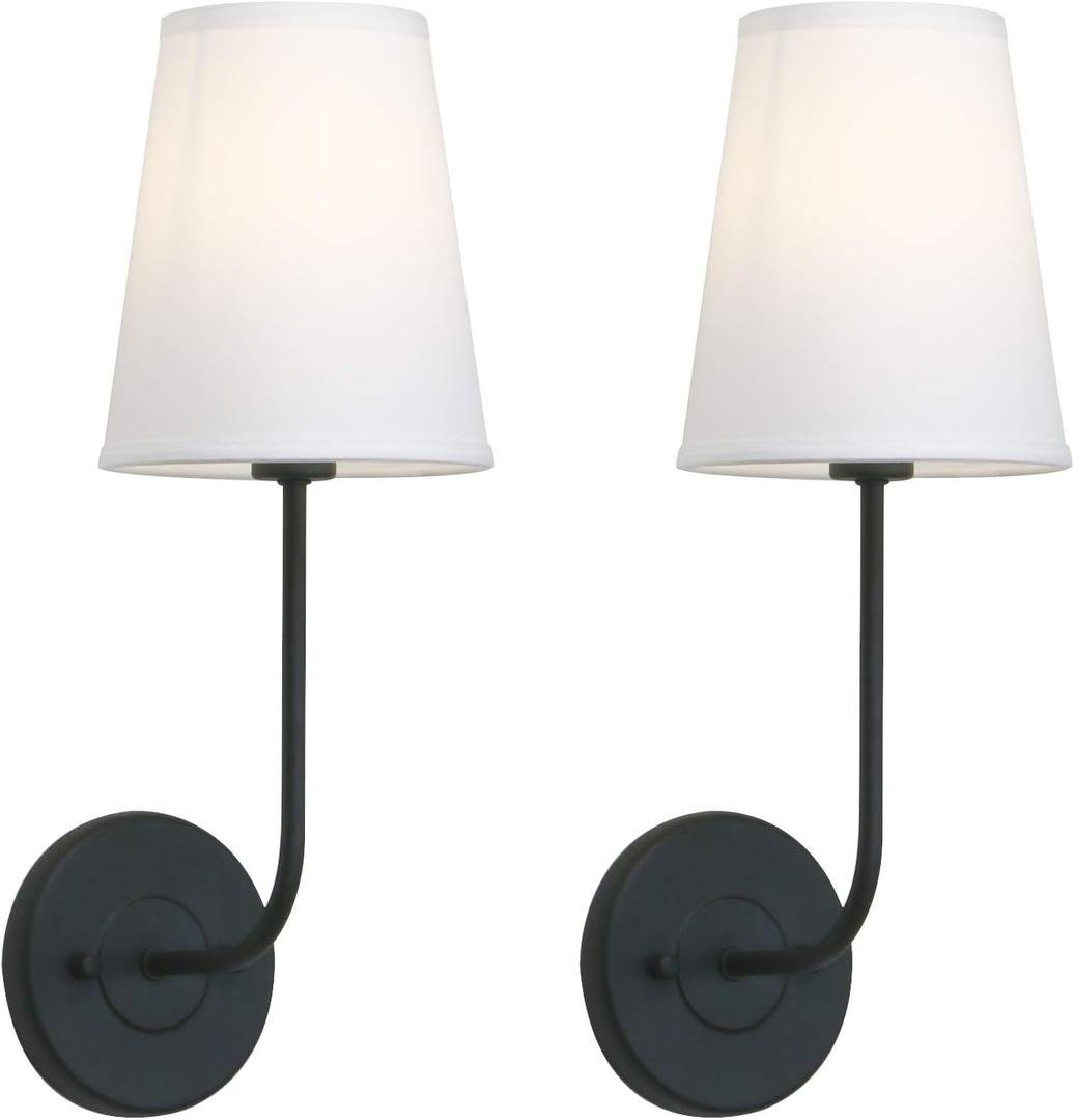 Pathson Set of 2 Vintage Wall Sconces Lighting White Fabric Shade, Hardwired Bathroom Wall Light Fixtures Decor for Bedroom Living Room(Black)