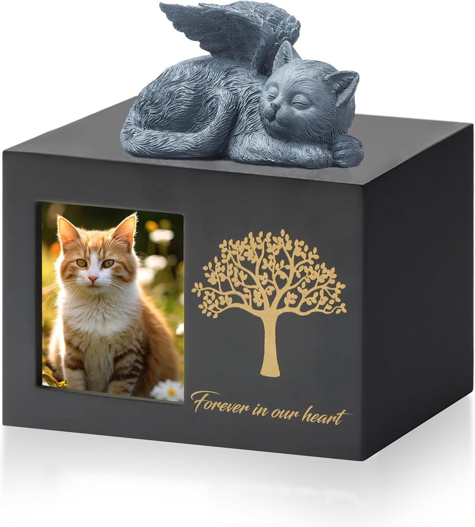 Cat Urns for Ashes, Tree Pattern Wooden Keepsake with Photo Frame, Pet Urn Memory Box with Resin Animal Statue and Sealed Storage Bags (75lbs) Black
