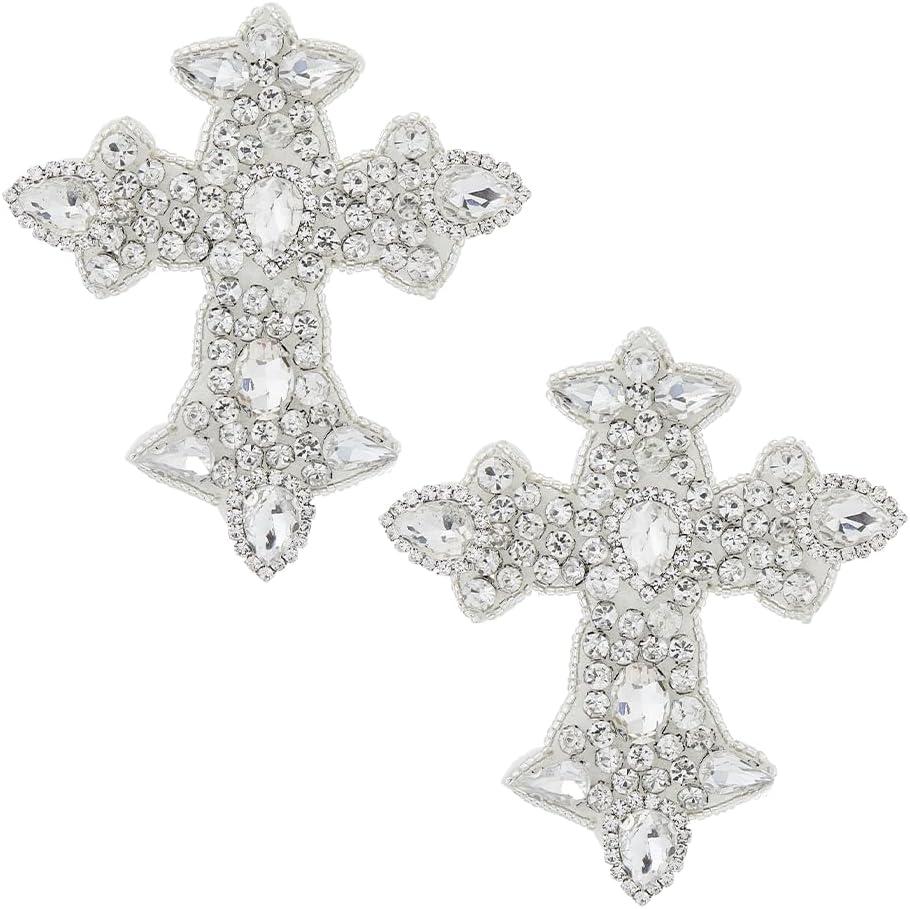 SUPERFINDINGS 2Pcs Crystal Patches Silver Rhinestone Cross Applique Craft Sew on Flat Patches Decorated DIY Sewing with Sparkly Belt Appliques Scrapbooking Handbag Clothes DIY Easter Decor