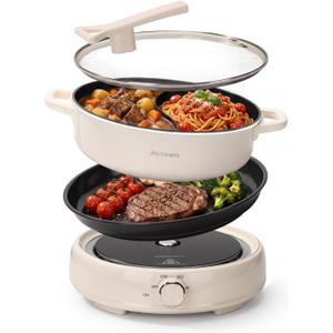 Joydeem 6.3qt Electric Hot Pot with Divider & Grill Plate, Dual-Flavor Shabu Shabu Pot, Multi-Function Hot Pot for Boil, Grill, Fry & Stew, 3 Power Settings, Detachable Nonstick Ceramic Pot