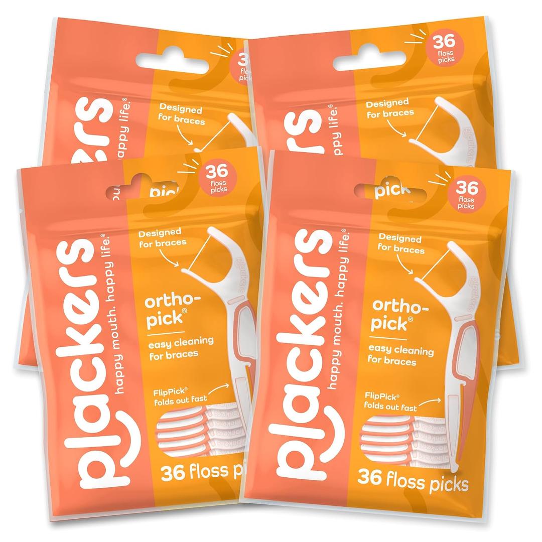 Plackers OrthoPick Floss Picks Designed for Braces, Tuffloss Made Without PTFE, FlipPick Clean Between Brackets, 36 Count (4 Pack)
