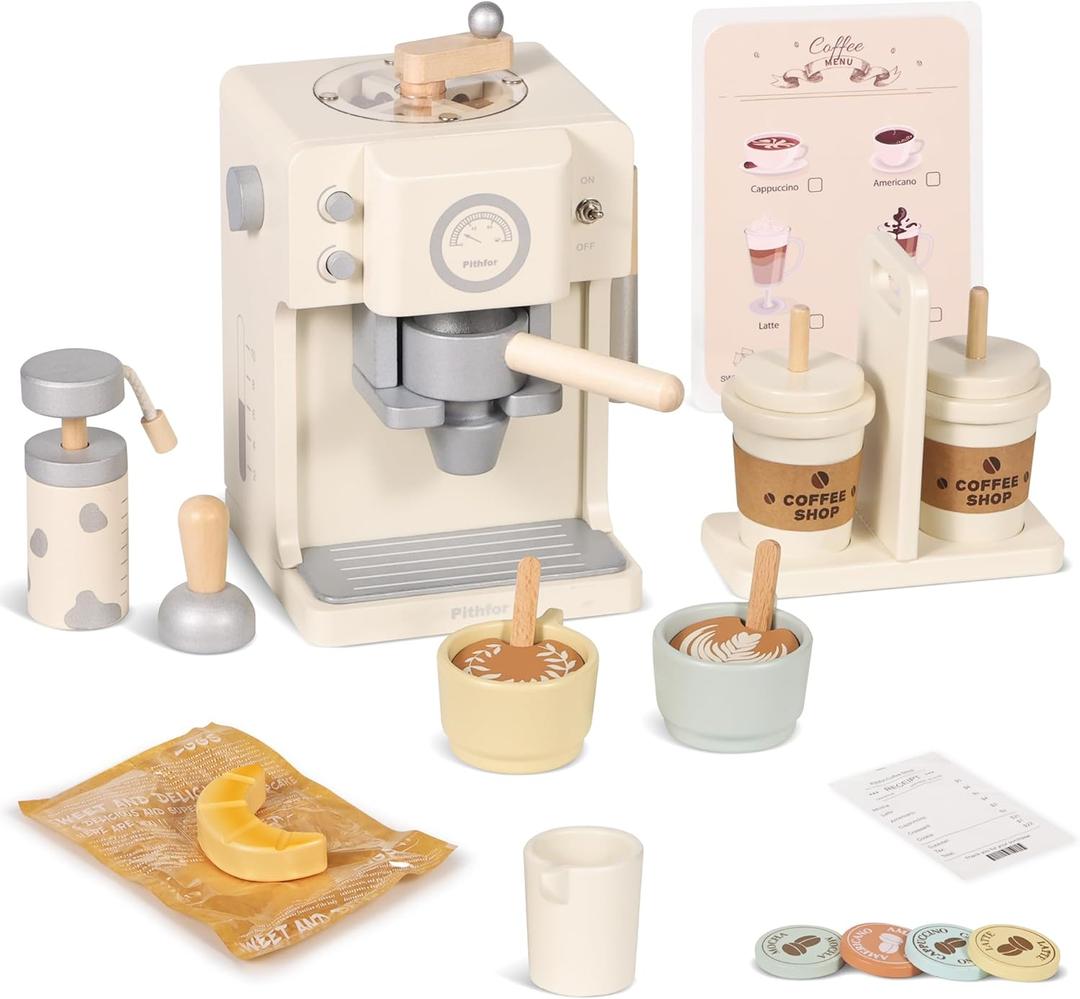 Pithfor Kids Wooden Coffee Playset with Grinder, Toy Coffee Maker for Kids Toddlers, Pretend Play Kitchen Appliances & Accessories Toy Gift for Boys Girls