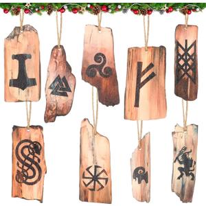 9 Pcs Viking Rune Yule Ornaments Pagan Wooden Christmas Tree Hanging Decorations Natural Wood Retro Ornaments for Xmas Party Decor