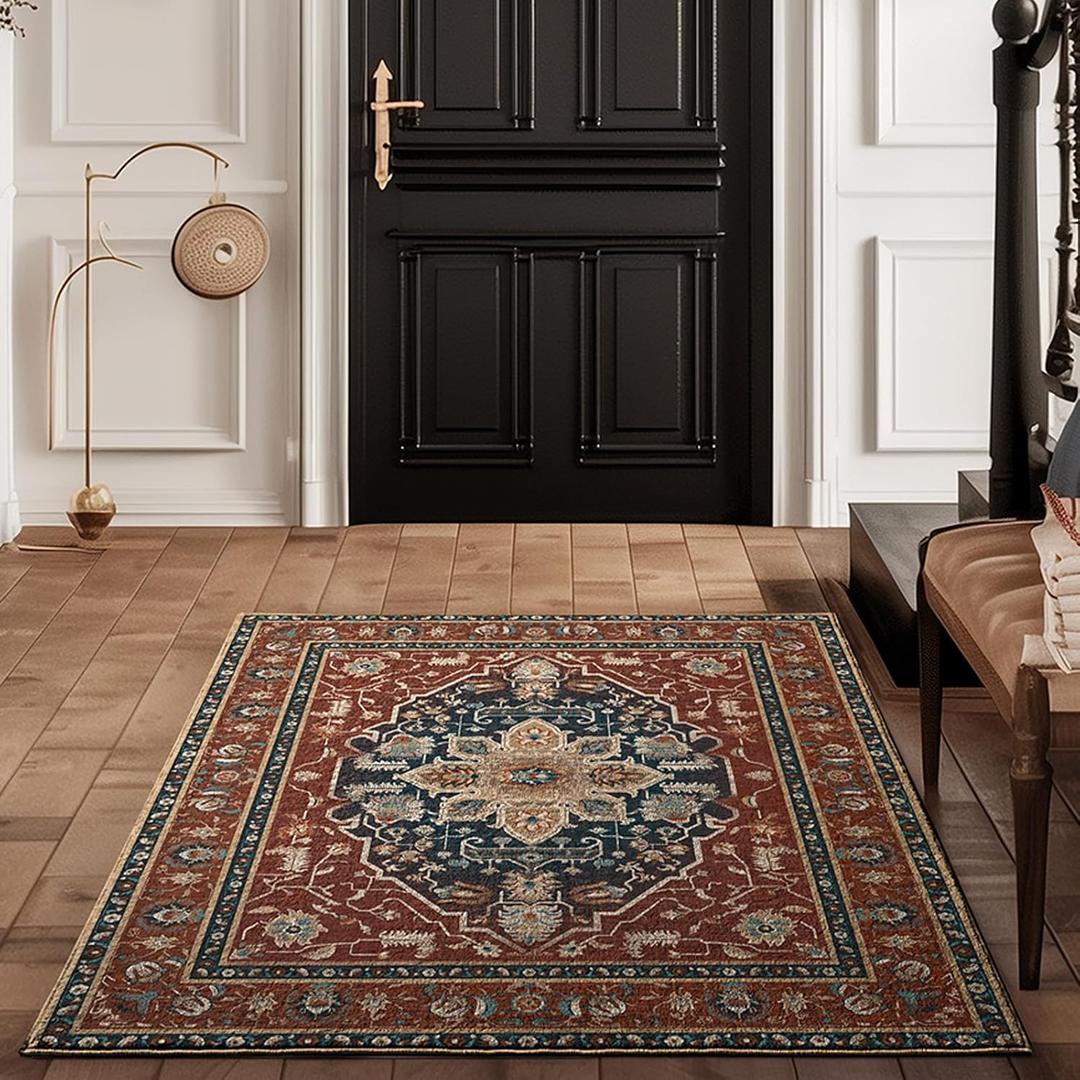 EVERGRACE Faux Wool Area Rugs 3'x 5' Boho Medallion Rugs for Living Room Indoor Outdoor Rugs for Bedroom Dining Room Entryway Kitchen Low Pile Washable Floor Mat Carpet, Terracotta