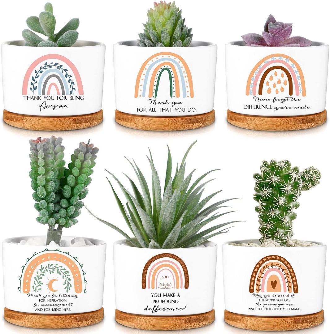 Sieral 6 Pcs Thank You Appreciation Gift Friends Succulent Pots Mini Ceramic Plant Pot with Bamboo Tray Succulent Planter for Coworker Employee Teacher, Valentine's Gift, Plants Excluded (Boho Style)