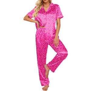 Ekouaer Silk Satin Pajamas Set Women Short Sleeve Sleepwear Soft Button Down Loungewear Pjs Set (Pink, M)