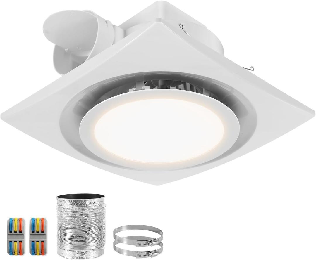 12 Inch Bathroom Exhaust Fan with Light, 110CFM Vent Fan with Light 3000K, 17W Round Quiet Bathroom Fan with Lever Wire Connectors&Duct (3000K Warm White)