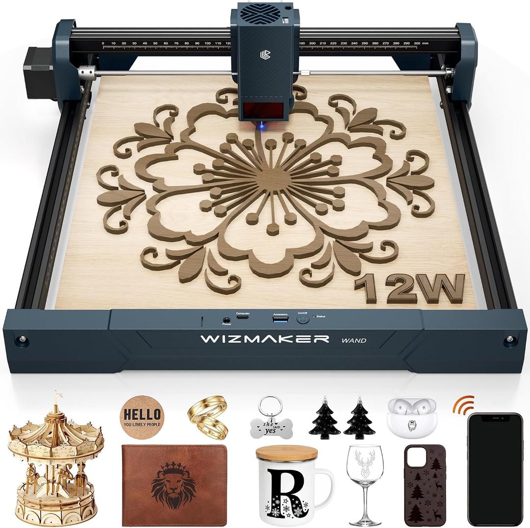 WIZMAKER Wand 12W Laser Engraver, 300300mm High-Power Diode Laser Cutter for Wood, Leather, Paper, MDF, Felt, Coated Metals, Dark Acrylic, DIY, Small Business Projects