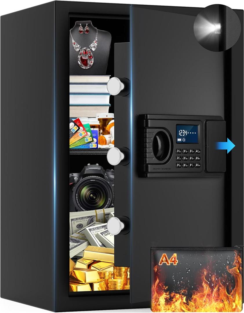 2.6 Cuft Fire Proof Safe for Home Documents, Home Safes Fireproof Waterproof, Fireproof Safe Box with LCD Digital Keypad, Alarm System, Hidden Code, Safety Box For Money Medicine Jewelry