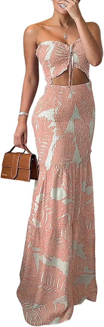 CHICME Floral Printed Prom Dress Tie Ruched Shirred Bandeau Party Dress Slim Fit Ruffle Hem Vacation Dresses (M)
