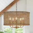 Boho Rattan Chandelier for Dining Room, Vintage Farmhouse Bamboo Golden Chandelier Modern 5-Lights Drum Hand-Woven Wicker Gold Chandeliers for Kitchen, Living Room, Entryway, Bedroom