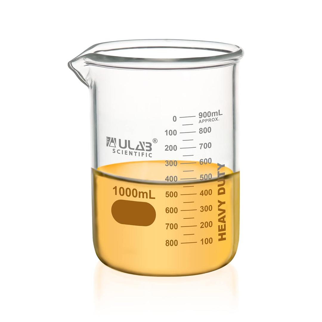 ULAB Heavy Duty Glass Beakers, Vol.1000ml (33.8oz), Borosilicate 3.3 Glass, Thick Wall Beakers, with Double Scale, Superior Durability & Chemical Resistance, UBG1064
