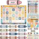 2 x Boho Crayon Calendar Bulletin Board Set Boho Crayon Bulletin Board Calendar Seasons Weather Chart Crayons Classroom Decors with Season Weather and Days of the Week Chart for Back to School Supplies