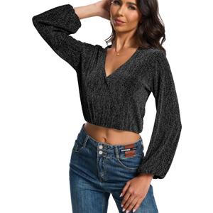 YYA Women's Sparkly Tops for Women Ruffle Sparkly Shiny Turtle Neck Shirts Long Sleeve Slim Fitted Tops XXL
