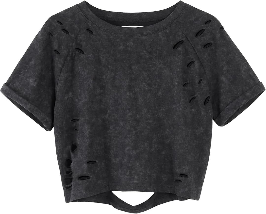 LilyCoco Womens Distressed Ripped Crop Top Punk Rock Summer Short Sleeve T Shirt Black Small (Black, S)