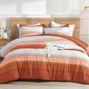 Litanika Burnt Orange Comforter Sets for Queen Bed, 3 Pieces Boho Terracotta Stripe Colorblock Bedding Comforter Set, Rust Fluffy Bed Set (90x90In Comforter, 2 Pillowcases)