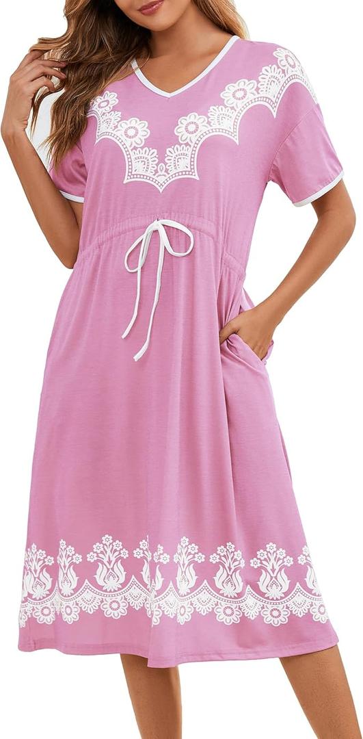 Women's Printed Nightgown, V-Neck Short Sleeve Midi Sleep Dress with Pockets, Loose Fit Comfortable Loungewear XL