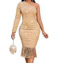 dasmzper Women Sexy Sequin One Shoulder Long Sleeve Tassel Hem Bodycon Midi Dress Party Cocktail Dress Gold 2XL