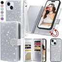 Varikke for iPhone 14 Plus Wallet Case Detachable with Card Holder for Women, Fashion Glitter PU Leather Strap Strong Magnetic Flip Wallet Removable Phone Case Cover for iPhone 14 Plus 6.7", Silver