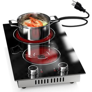 2 Burner Electric Cooktop, 12 Inch Countertop & Built-in Electrical Stovetop, 110V Electric Stove with Plug, Knob Control, 9 Power Level, 2000W(1400W+600W) (White knob new)