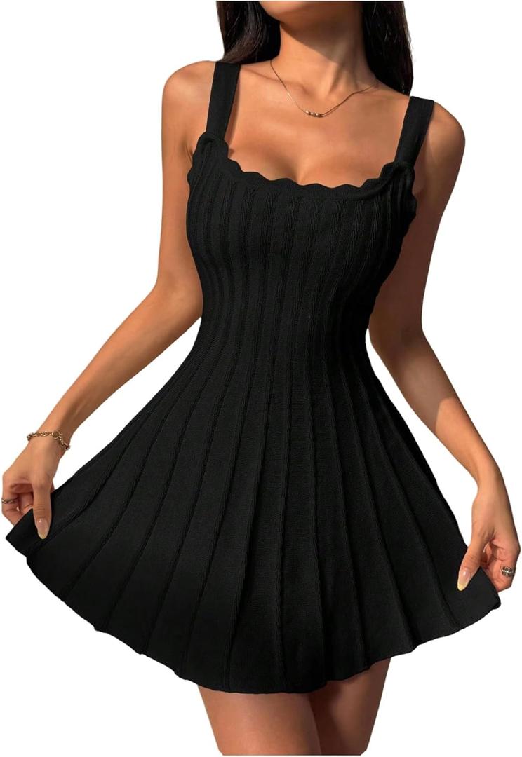 MakeMeChic Women's Scallop Trim Sweater Dress A Line Sleeveless Knitted Mini Dresses S