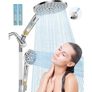 Dual Filtered Handheld Shower Heads Combo, HOPOPRO 15-Mode High Pressure Rainfall Showerheads Combo Set with Filter, for Hard Water, Removes Chlorine, Improves Skin Hair Condition, Modern Chrome