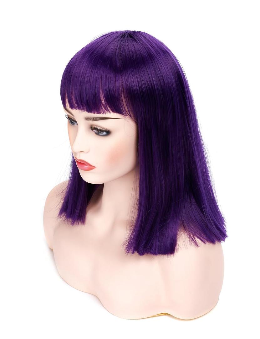 Morvally Short Straight Purple Wig with Bangs Natural Looking Heat Resistant Hair Cosplay Costume Wigs for Women (14 inches Dark Purple)