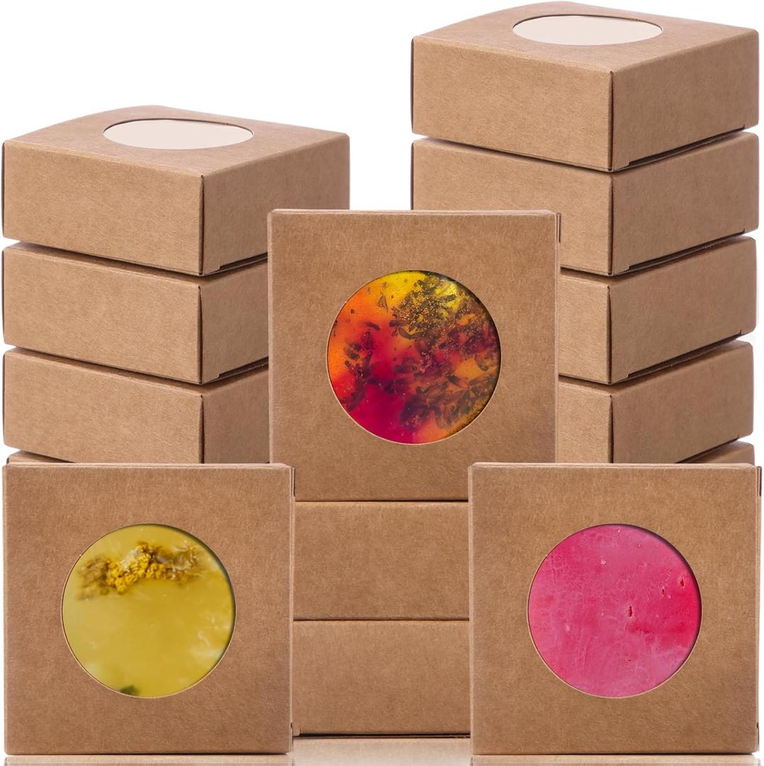 TaoBary 100 Pcs Soap Boxes for Homemade, 3 x 3 x 1.2 Inch Small Paper Gift Packaging Boxes with Window, Gift Wrappers for Soap Packaging Making Party Favor(Round,Kraft)