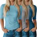 Riyiper 3 Pack Women's Half Sleeve Tops Crewneck 1/2 Sleeve T Shirts Elbow Length Tops Slim Fit Cotton Blend Basic Tees (Large, Light Blue, Light Gray, Aqua)