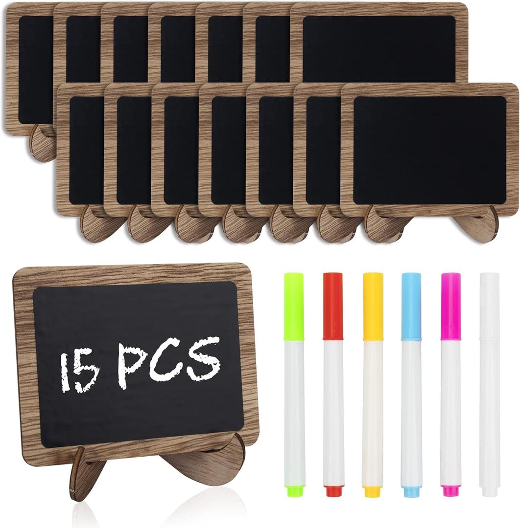 Temlum 15 Pcs Mini Chalkboard Sign with 6 Color Chalk Markers, 2.9 x 3.9 Wooden Blackboard Reusable Small Chalkboards for Food, Buffet, Message Board, Table Number (Rustic Brown)