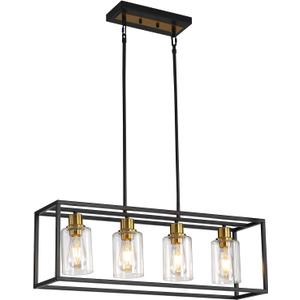 4-Light Kitchen Island Lighting, Farmhouse Pendant Island Light Fixture with Glass Shades, Black and Gold Chandelier for Dining Room, Restaurant, Foyer