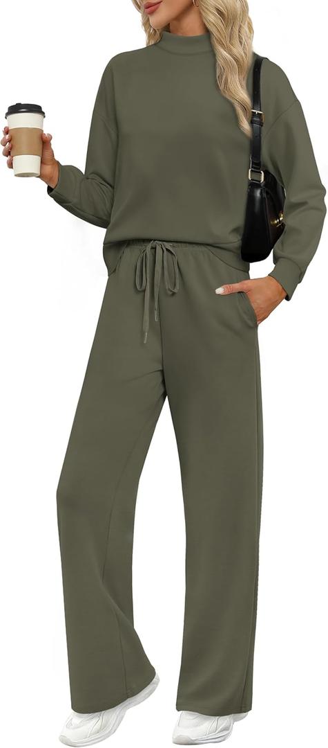 WIHOLL Two Piece Sets for Women Spring Outfits Lounge Sets Mock Neck Tops Wide Leg Pants Vacation Travel Airport Outfits, Green, Small