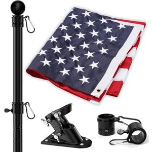 American Flag and Flag Pole for House Outside, 5ft Heavy Duty Flag Pole Kit with 3x5 Embroidered USA Flag, Tangle Free Steel Black Flag Pole with Bracket for Residential, Commercial, Outdoors Garden