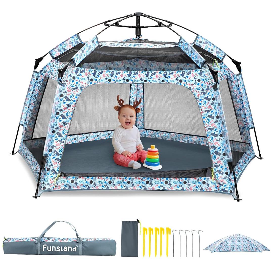 Baby Playpen Pop-up Tent - Outdoor & Indoor Play Tent for Beach with Canopy Travel Bag Portable Play Yard for Babies & Toddlers (Ocean)
