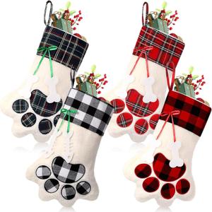 4 Pcs Large Christmas Paw Shape Stockings for Dog Cat Pet Christmas Hanging Stocking with Bone Pattern Tags Buffalo Plaid Cuff Stocking for Puppy Xmas Gifts Party Fireplace Tree Decoration