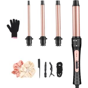 Curling Wand, 4 in 1 Hair Curling Iron Wand Set Include 4 Interchangeable Ceramic Barrels (0.35"-1.25") Hair Curling Wand Set for Quick Create Hairstyle in All Hair Type
