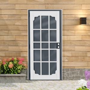 Lakenyon Steel Security Door, 32" x 80" Screen-Style Exterior Door, Electrophoretic E-Coated Steel & White Pine Wood Construction, Non-Handed, Bronze