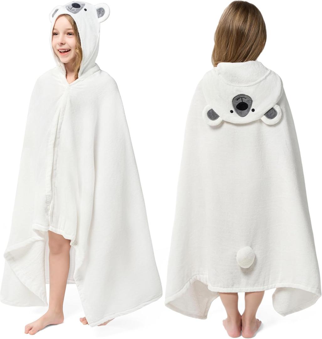 Joiedomi Hooded Towel for Kids Soft 100% Cotton Bath Beach Towel 30" x 50" for Kids 3-10 Years Toddler Pool Poncho with Hood Absorbent Swim Wrap for Boys Girls White Bear