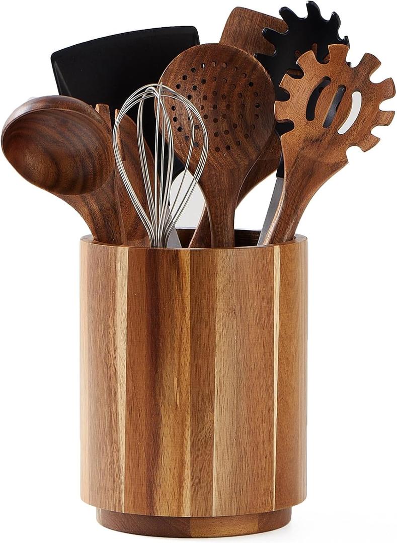 Acacia Wood Utensil Holder for Kitchen Counter, 360 Rotating 7.2" Wooden Cooking Utensil Crock for Countertop, Farmhouse Kitchen Decor