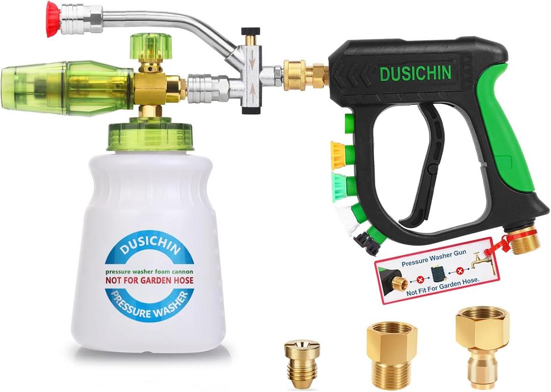 DUSICHIN Short Pressure Washer Gun Foam Cannon Nozzle Dual Connector Shift Valve, Car Wash Foam Cannon Kit 1/4 Inch Quick Connector, 5 Pressure Washer Nozzle Tips,Double Tip Attachment For Soap Cannon