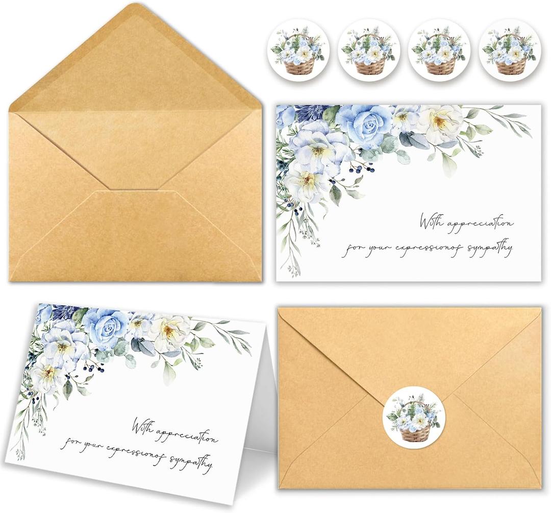 25 Funeral Thank You Cards with Envelopes and Matching Stickers, Watercolor Rose Designs Sympathy Card 4x6 inch for Funeral Family Friends Loved Ones