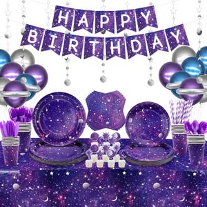 Space Galaxy Party Supplies Tableware Set, Includes Banner, Plates, Cupcake Topper Napkins, Cups,Tablecloth, Balloons, Foil Balloons, for 20 Guests Galaxy Outer Space Theme Birthday Party Decoration
