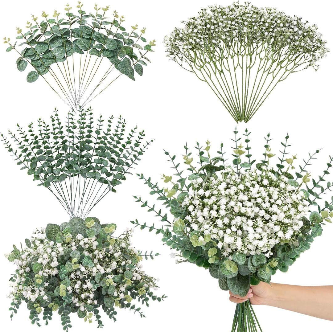 Serwalin 50 Pcs Mixed Artificial Eucalyptus Stems,Babys Breath Artificial Flowers Bulk with Faux Eucalyptus Leaves Greenery Stems for Wedding DIY Bouquets Floral Arrangement Home Decor